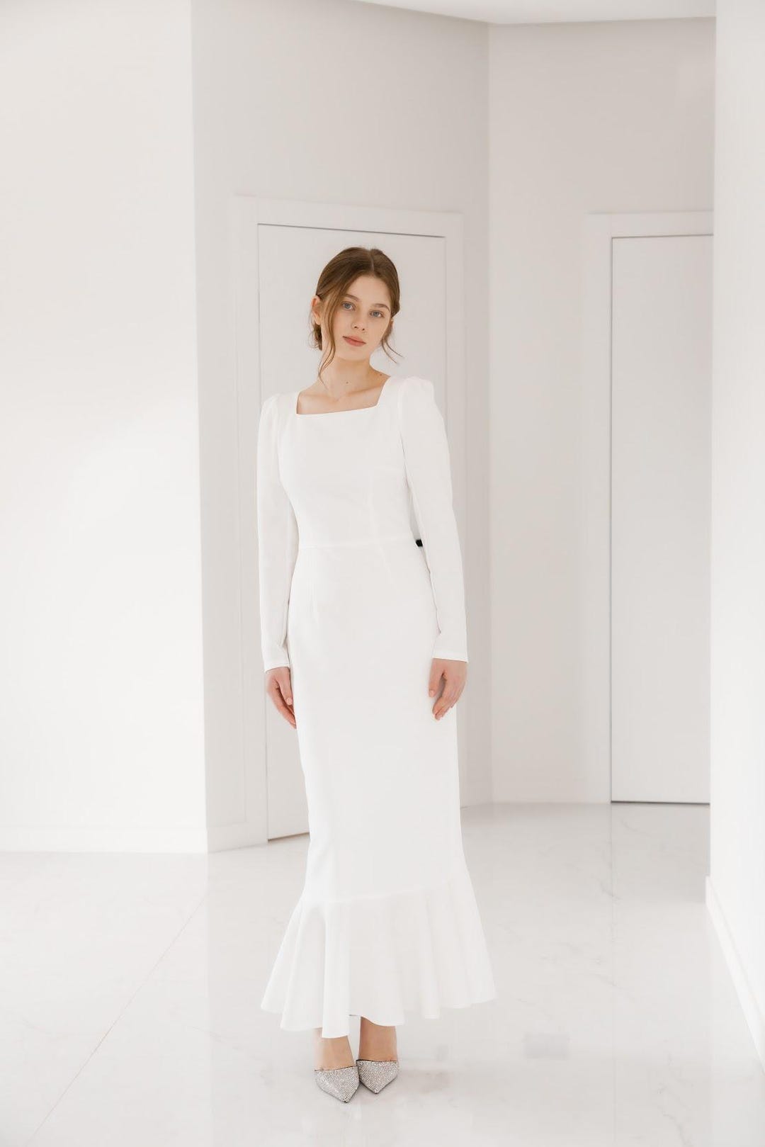 long white dress formal Grecian Maxi Prom Evening with Slit EN5602 voluminous sleeves White Formal Dresses | Sleek