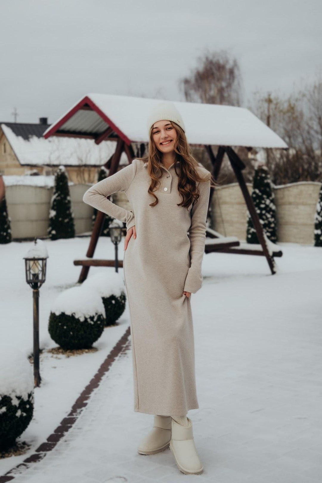 light winter dress Knitwear Dress: Soft Beige Cozy Knit Shoe Size:9 sale_status_Sale Adrianna Papell Women's Collared winter clothes for women