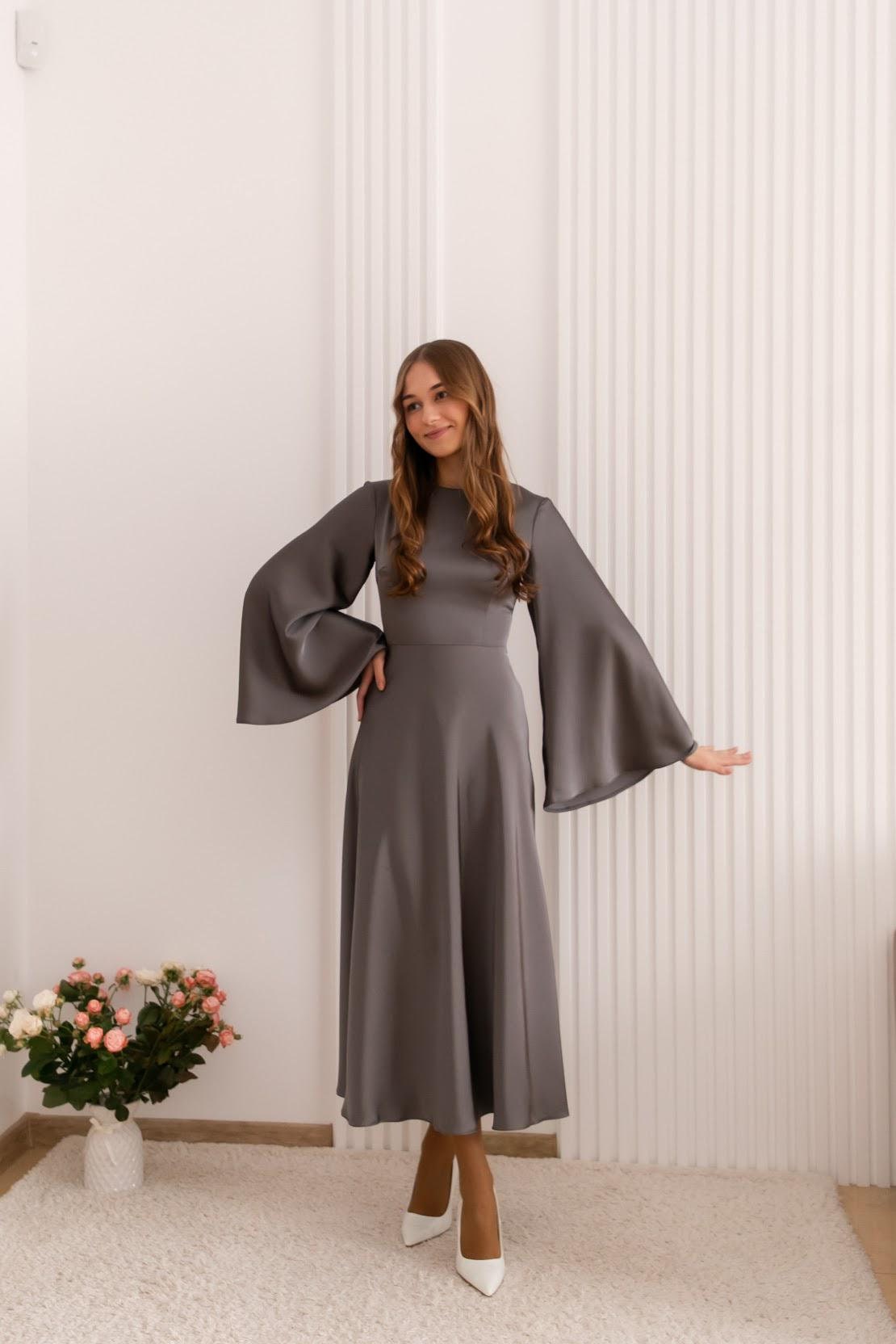 fitted lace wedding dress Iris Long Sleeve Satin Maxi Dress / Sage | Meshki main image 1