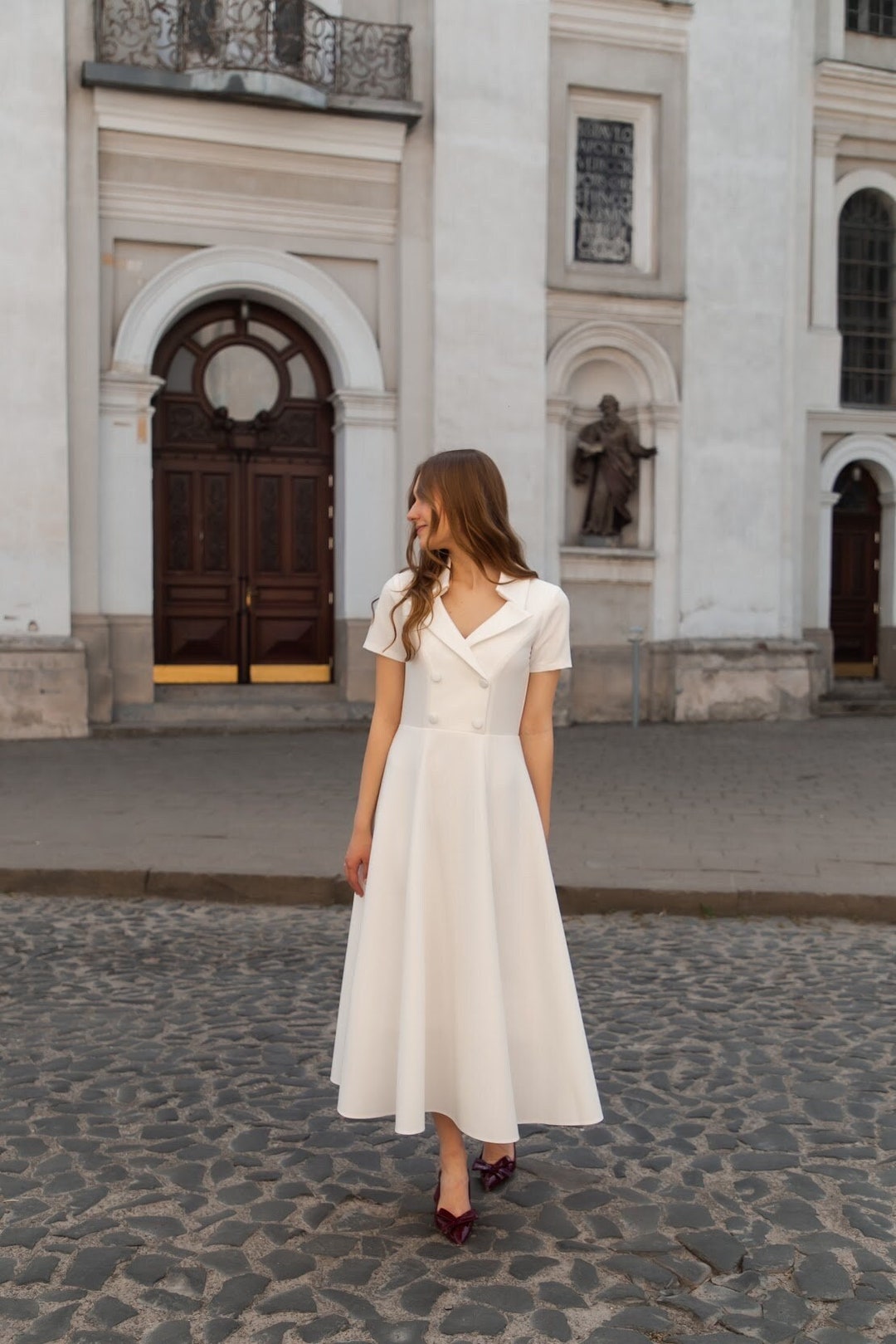 White Suit Fabric Dress: Elegant Button Front Occasion Dress