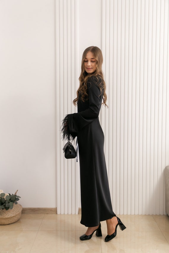 long sleeve black dress with feather hem Long Ashley Dress w. Feather Trim