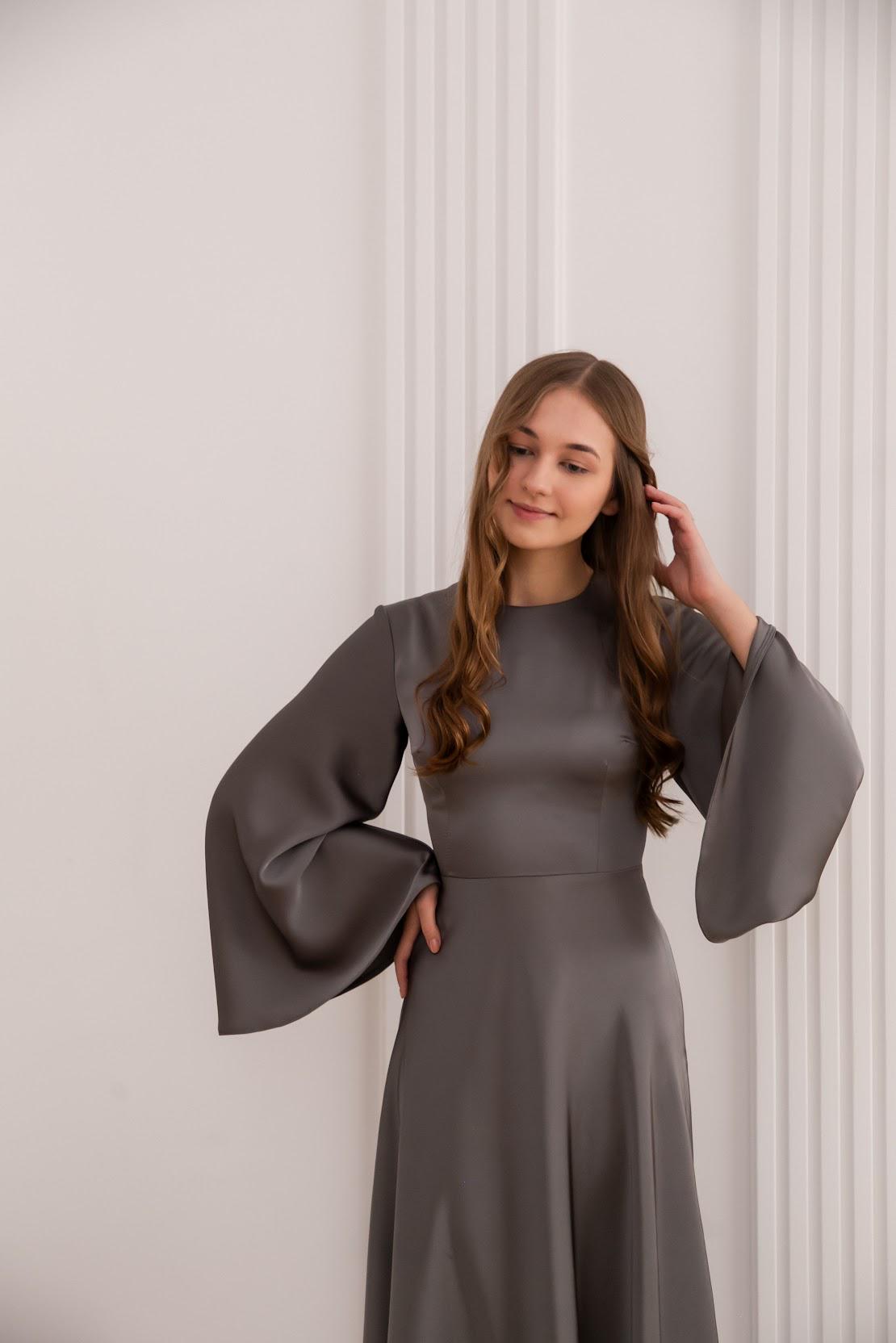 dark grey silk dress Grey Satin-Silk Midi Dress: Elegant Wide Long Sleeves