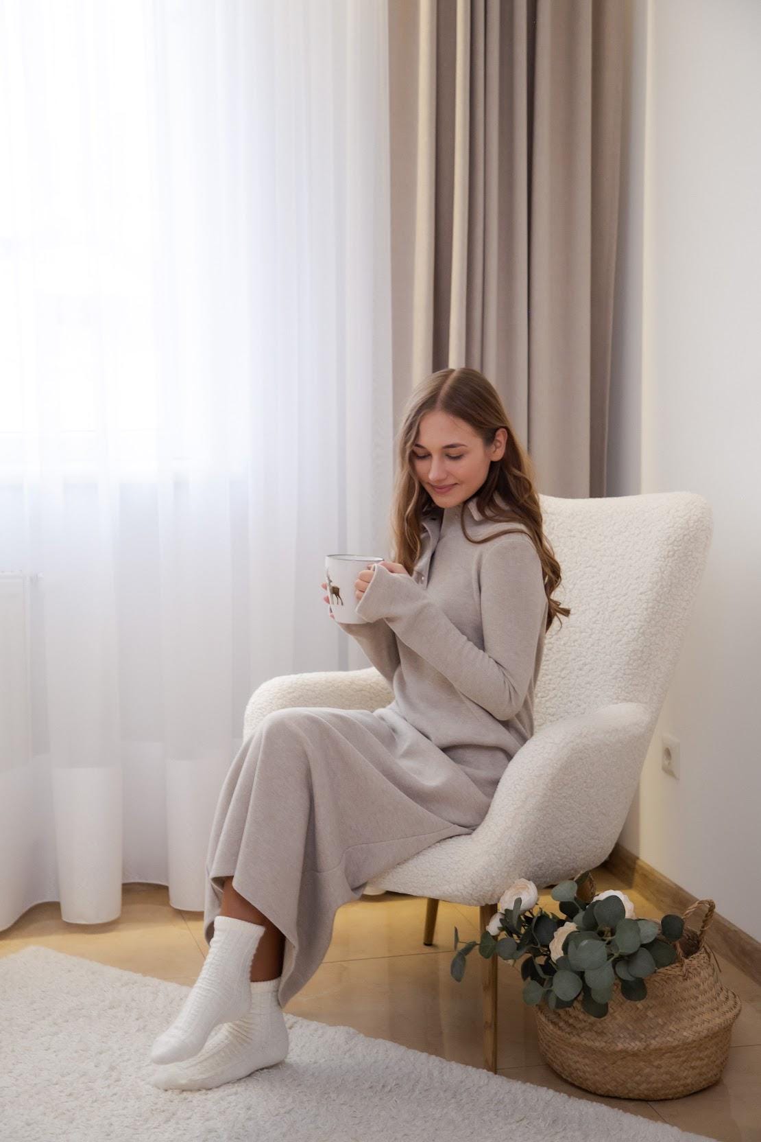 Knitwear Winter Dress: Soft Beige Cozy Knit Dress