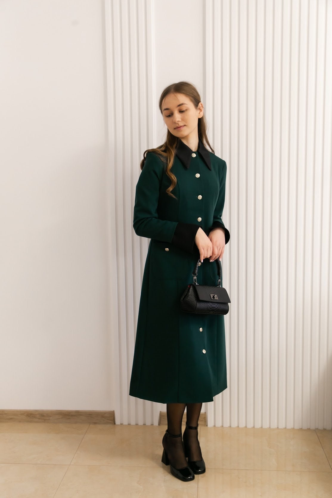 slim fit dress slacks Kelly Green Belted Button Front Midi Dress