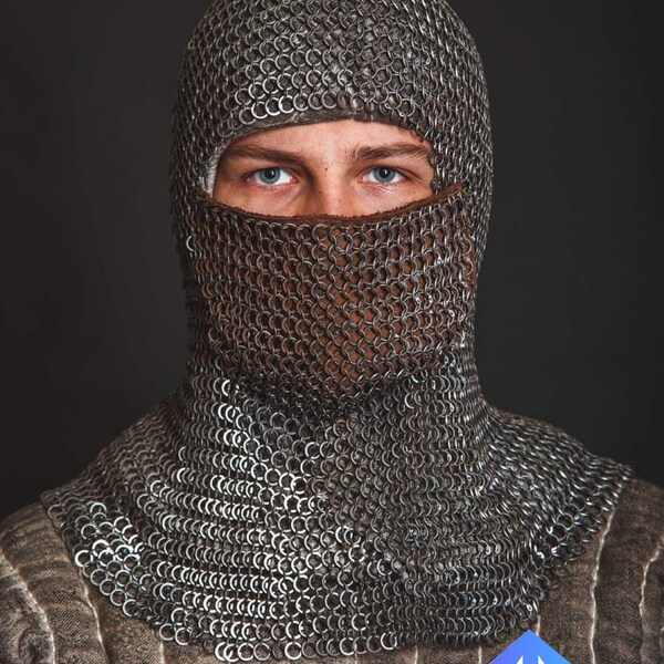 Chain mail Coif , round riveted with washer Coif / hood with mask ,Medieval hood  ,SCA Larp  , Easter day Gifts