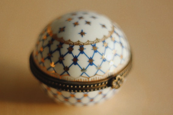 Vintage Ceramic Round Box with Blue and Gold Glaz… - image 1