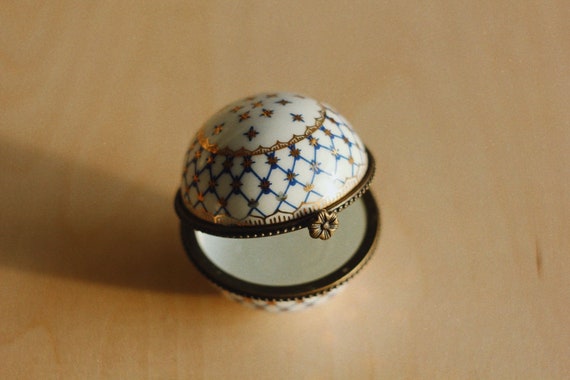 Vintage Ceramic Round Box with Blue and Gold Glaz… - image 5