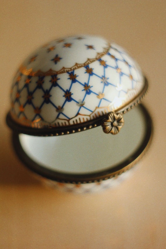 Vintage Ceramic Round Box with Blue and Gold Glaz… - image 2
