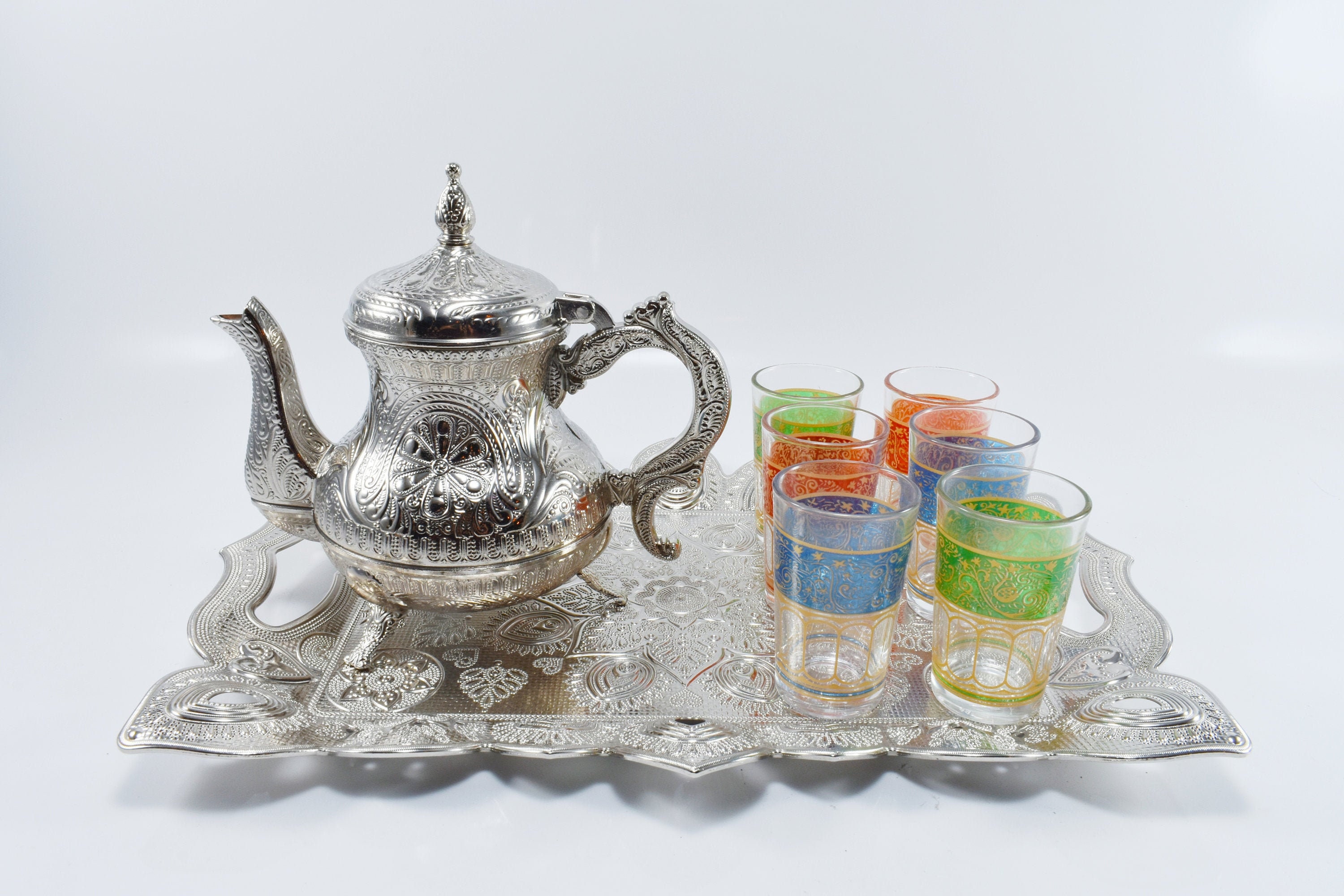 Traditional Moroccan Mint Tea Set Engraved Tea Tray Set Of 6 Etsy
