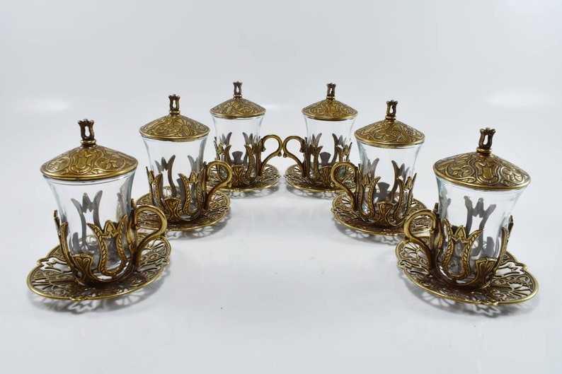Gift For Tea Lovers Gift For Mom Coffee Mug Turkish Tea Glasses Bronze Tea Set Tulip Design Cup Brass and Glasses Tea Set Set of 6