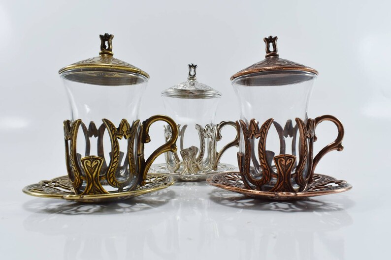 Gift For Tea Lovers Gift For Mom Coffee Mug Turkish Tea Glasses Bronze Tea Set Tulip Design Cup Brass and Glasses Tea Set Set of 6