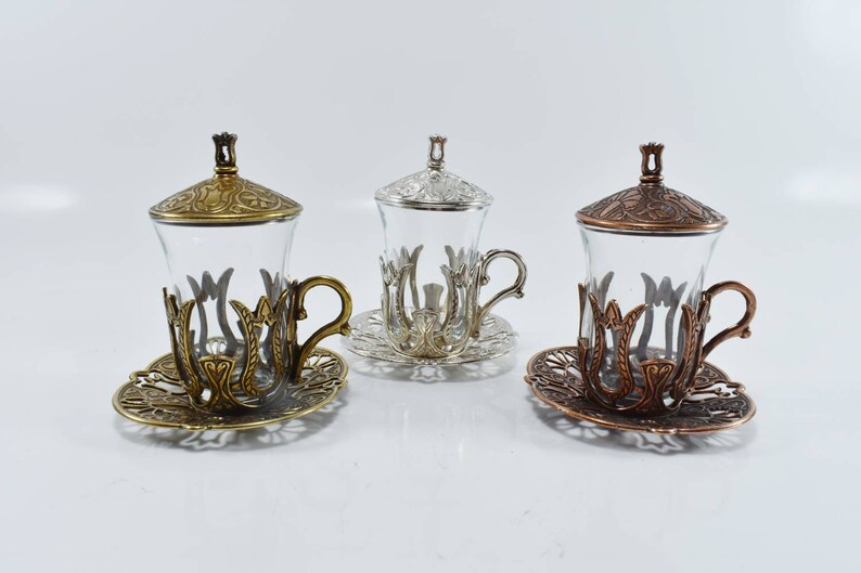 Gift For Tea Lovers Gift For Mom Coffee Mug Turkish Tea Glasses Bronze Tea Set Tulip Design Cup Brass and Glasses Tea Set Set of 6