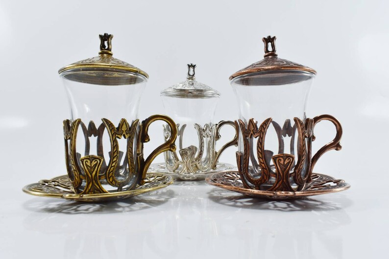 Gift For Tea Lovers Gift For Mom Coffee Mug Turkish Tea Glasses Bronze Tea Set Tulip Design Cup Brass and Glasses Tea Set Set of 6