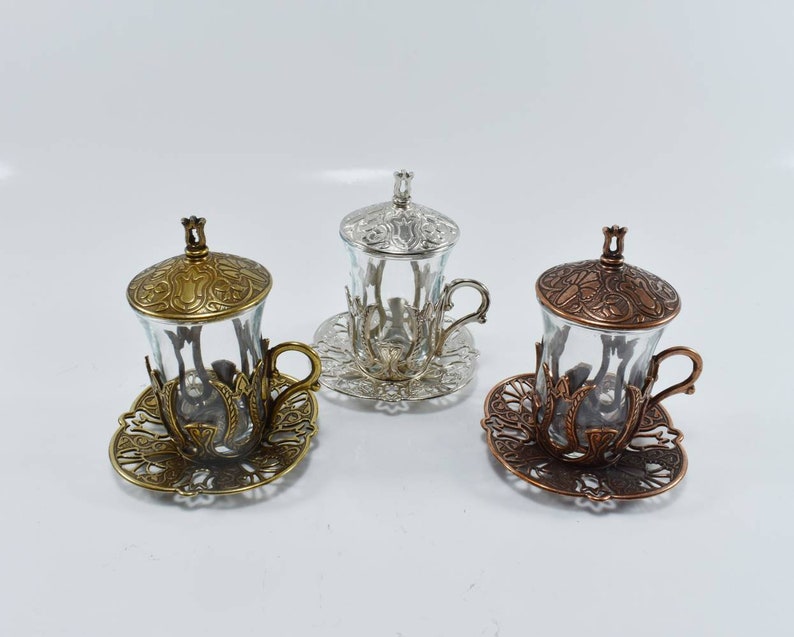 Gift For Tea Lovers Gift For Mom Coffee Mug Turkish Tea Glasses Bronze Tea Set Tulip Design Cup Brass and Glasses Tea Set Set of 6