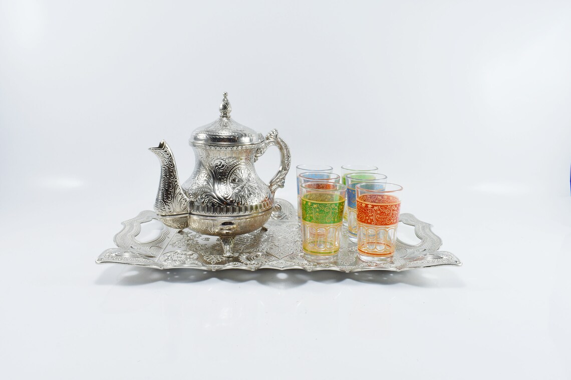 Traditional Moroccan Mint Tea Set Engraved Tea Tray Set Of 6 Etsy