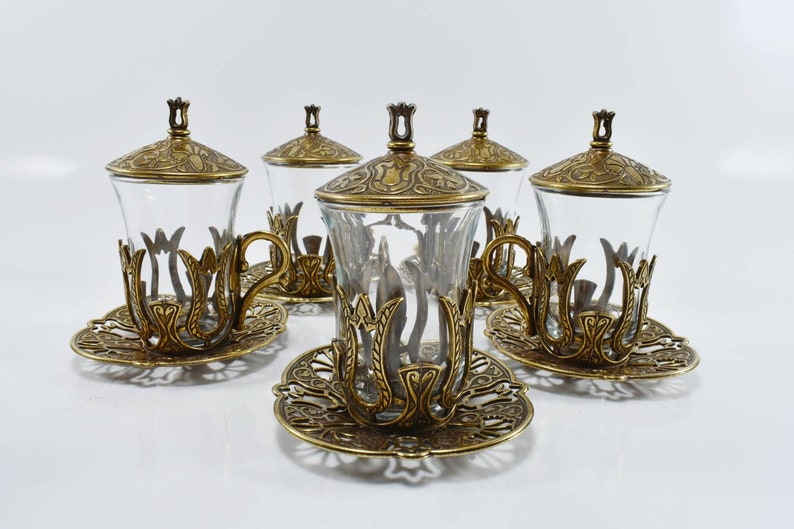 Gift For Tea Lovers Gift For Mom Coffee Mug Turkish Tea Glasses Bronze Tea Set Tulip Design Cup Brass and Glasses Tea Set Set of 6