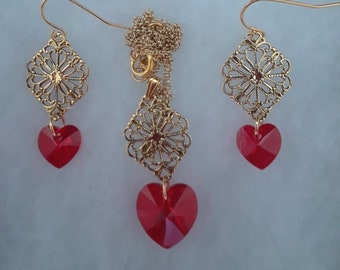 CLEARANCE - Sweetheart Red Hearts with Gold Filigree Earring and Necklace Set