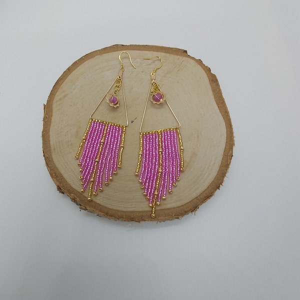 Beaded Fringe Earrings, Triangle Frame Earrings, Pink and Gold Long Earrings,