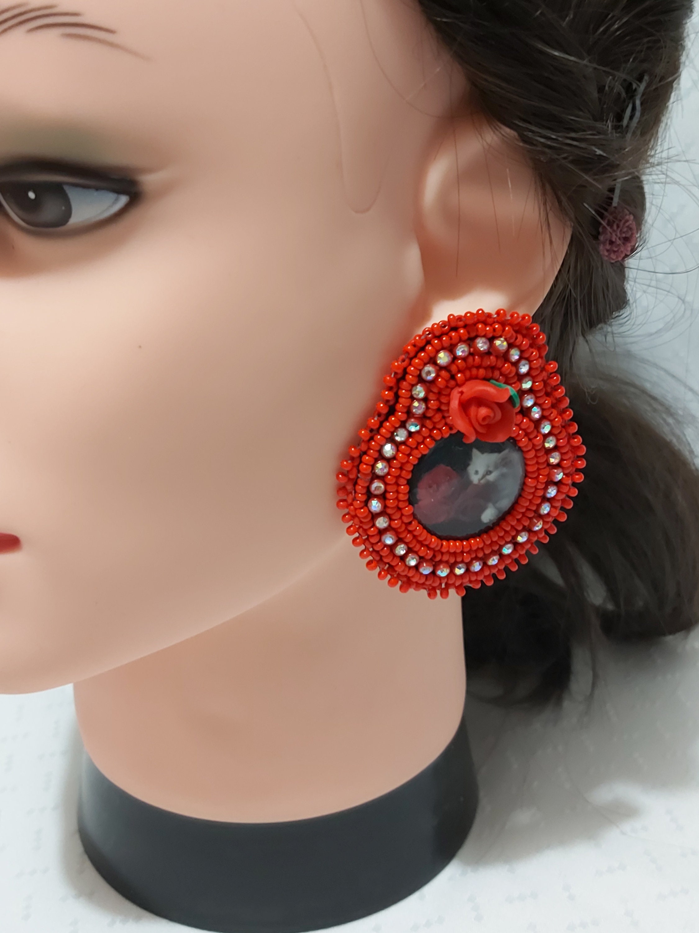 Red Beaded Kitten and Roses Earrings Native Style Bead and Rhinestone Earrings