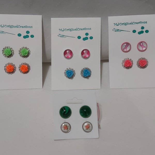 CLEARANCE - Pretty Stud Earrings, Set of 2, Pink Breast Cancer Ribbon Earrings, Flower Studs, Malachite Stone Studs,