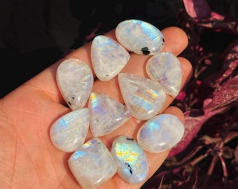 Puede incluir: Una colección de diez cabujones de piedra de luna arcoíris iridiscentes en varias formas y tamaños. Las piedras son de color blanco lechoso con un brillo arcoíris.