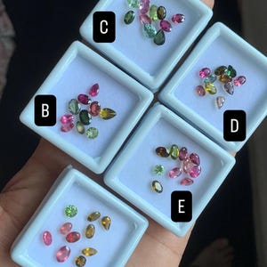 Puede incluir: Una colecci&oacute;n de gemas coloridas exhibidas en peque&ntilde;as bandejas cuadradas blancas. Las gemas var&iacute;an en forma y tama&ntilde;o, con colores que incluyen rosa, verde, amarillo y marr&oacute;n. Las bandejas est&aacute;n etiquetadas A, B, C, D y E.