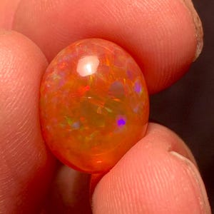 Könnte beinhalten: Ein runder, im Cabochon-Schliff gehaltener Edelstein mit einer leuchtend orangen Grundfarbe. Der Stein zeigt ein Farbspiel mit internen Lichtreflexen in Rot, Gelb und Violett, die über die gesamte polierte und glatte Oberfläche verteilt sind.