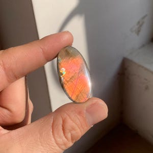 Puede incluir: Una piedra preciosa de labradorita ovalada con una vibrante exhibición de iridiscencia rosa, naranja y dorada. La piedra pulida se sostiene entre los dedos, mostrando su belleza natural y variaciones de color. La piedra es un mineral natural.