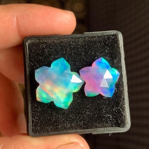 Puede incluir: Dos ópalos en forma de estrella con corte facetado, que muestran destellos iridiscentes de azul, verde y rosa. Las piedras preciosas están colocadas en una caja de presentación cuadrada forrada de terciopelo negro.