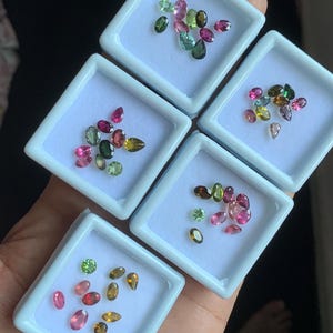 Puede incluir: Surtido de gemas coloridas en peque&ntilde;os recipientes cuadrados blancos. Las gemas son de varias formas y tama&ntilde;os, con colores que incluyen rosa, verde, marr&oacute;n y amarillo. Los recipientes se sostienen en una mano.