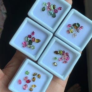 Puede incluir: Una variedad de gemas coloridas en diversas formas y tama&ntilde;os, incluyendo rosa, verde y marr&oacute;n, se exhiben en contenedores cuadrados blancos individuales. Las gemas se presentan sobre una mano, mostrando sus vibrantes colores y formas &uacute;nicas.