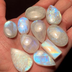 Könnte beinhalten: Eine Sammlung von zehn polierten Mondstein-Cabochons in verschiedenen Formen, darunter oval, tropfenförmig und rechteckig. Diese Edelsteine zeigen eine durchscheinende weiße Basis mit irisierenden blauen und regenbogenfarbenen Lichtreflexen.