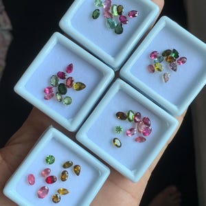Puede incluir: Un surtido de piedras preciosas de turmalina coloridas en varias formas y tama&ntilde;os, incluyendo cortes ovalados, en forma de pera y redondos. Las piedras preciosas se exhiben en peque&ntilde;os recipientes cuadrados blancos, mostrando una gama de tonos rosas, verdes y marrones.