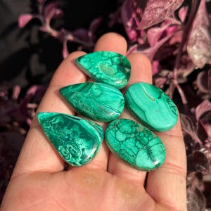 Può includere: Cinque cabochon di malachite verde a forma di goccia e ovale. Le pietre hanno un motivo a spirale e marmo.