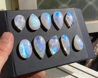 Rainbow Moonstone Pear Cabochon, Blue Flash Teardrop Loose Gemstones, Natural White Moonstone Cabs for Jewelry Making