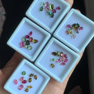 Puede incluir: Cinco bandejas cuadradas blancas contienen cada una una colecci&oacute;n de gemas de colores. Las gemas son ovaladas y redondas, en tonos de rosa, verde, marr&oacute;n y amarillo. Las bandejas se sostienen en una mano.