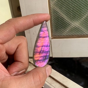 Pink Labradorite Cabochon, Natural Long Teardrop Purple Pink Flash Loose Gemstone for Pendant Wire Wrap Jewelry 60x23 MM