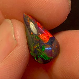 May include: A teardrop-shaped black opal gemstone with vibrant internal colors of red, green, and blue. The polished surface reflects light, showcasing the play-of-color effect. The gemstone is held between two fingers.