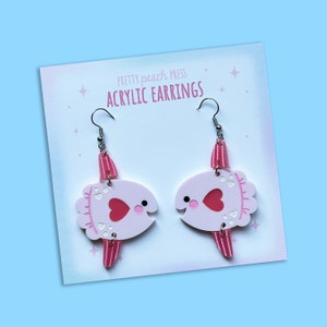 Handmade Laser Cut Acrylic Earrings | Kawaii | Ocean Sunfish | Pink | Great Gift