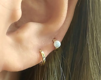 14k Solid Gold Pearl Huggie Hoop Earrings, Tiny Cartilage Earring
