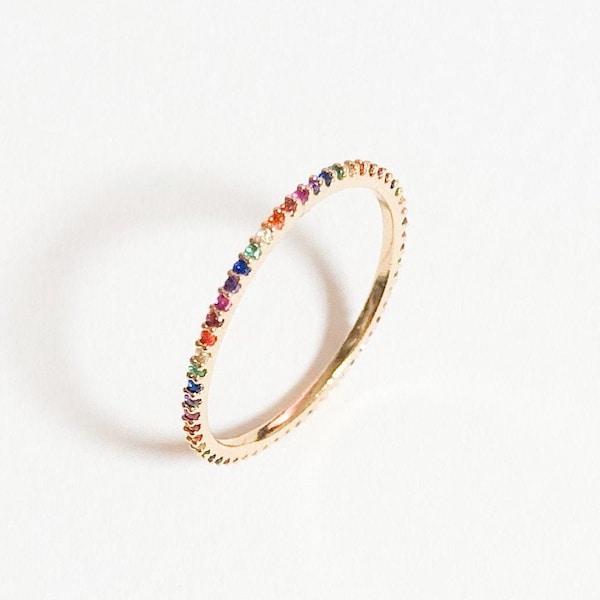 Rainbow band ring, Dainty ring, Multicolor ring, Delicate ring, Tiny ring, Birthstone rin, Rainbow ring gold