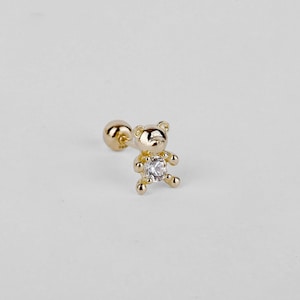 Piercing a vite a forma di orsetto in oro massiccio 14k 20G, piercing a barbell con estremità a forma di orsetto, piercing a perno a forma di orsetto, orecchino minimalista
