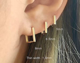 14k Solid Gold Square Hoop Earring, Small Dainty Simple Hoop Earring, Minimalist Earring, Huggie Hoop Earring, Small Hinged Hoop Earring