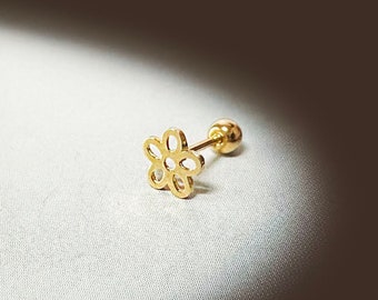 Pendientes de oro macizo de 14k con forma de flor y barra con cierre de rosca.