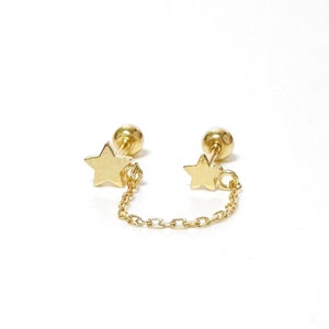 14K Solid Gold Chain Star Stud Screw Back  Earrings, Double Stud Star Earring, Double Piercing Stud Chain Earring, Chain Double Stud Earring