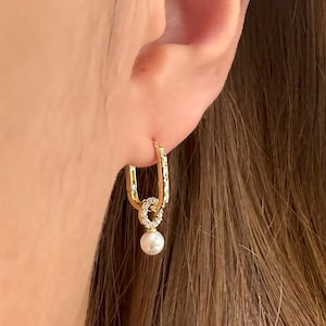 14k Solid Gold Dangle & Drop Pearl Hoop Earring, Real Gold Pearl Drop Earring, Huggie Pearl Drop Earrings, Huggie Hoop Earrings