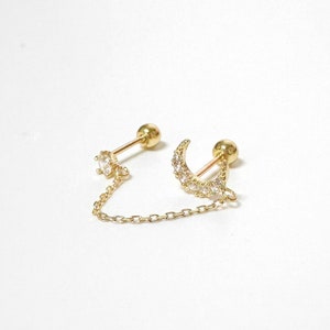 14K Solid Gold Doppel Halbmond Ohrstecker, Gold Kette abschrauben Ohrringe, Kette Verbunden Ohrringe, Doppel Bolzen Piercing Ohrring