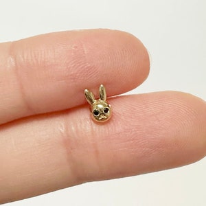 14K Solid Gold Rabbit Screw Back Earrings, Rabbit End Barbell Piercing, Rabbit Stud Tragus Helix Cartilage Piercing, Animal Stud Earring