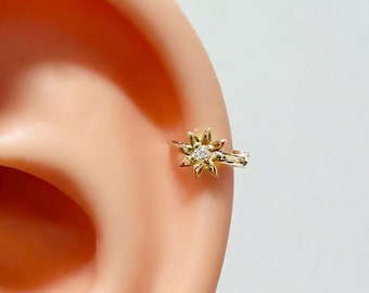 14k Solid Gold Flower Hoop Earrings, Real Gold Hoop Earrings, Gold Huggie Hoop Earrings, Small Gold Hoops, Helix Tragus, Cartilage Earring