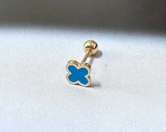 20G 14k Solid Gold Blue Clover Screw Back Piercings, Clover Tragus Piercing, 4 Leaf Clover Piercing, 14K Gold Piercing, Gold Leaf Earrings